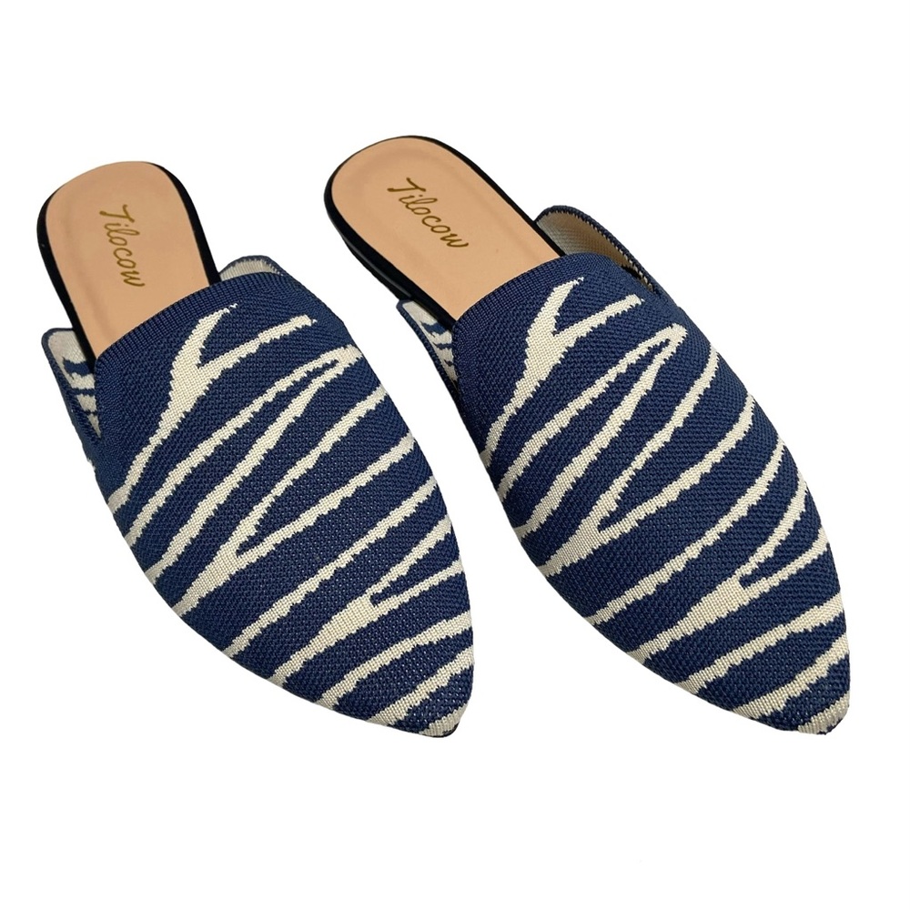 TILOCOW Blue Zebra Stripe Pointed Toe Knit Mules - Picture 2 of 16
